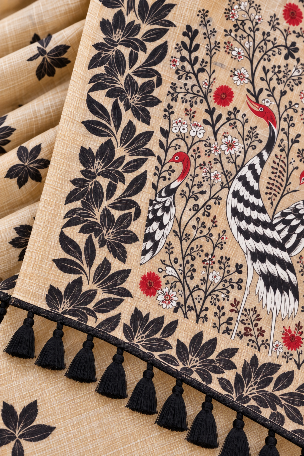 Title: Beige Crane Motif Designer Saree