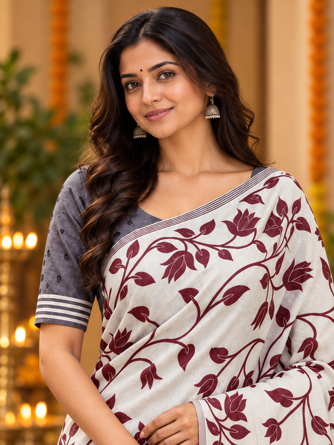 Title: Elegant Ivory & Maroon Floral Print Saree