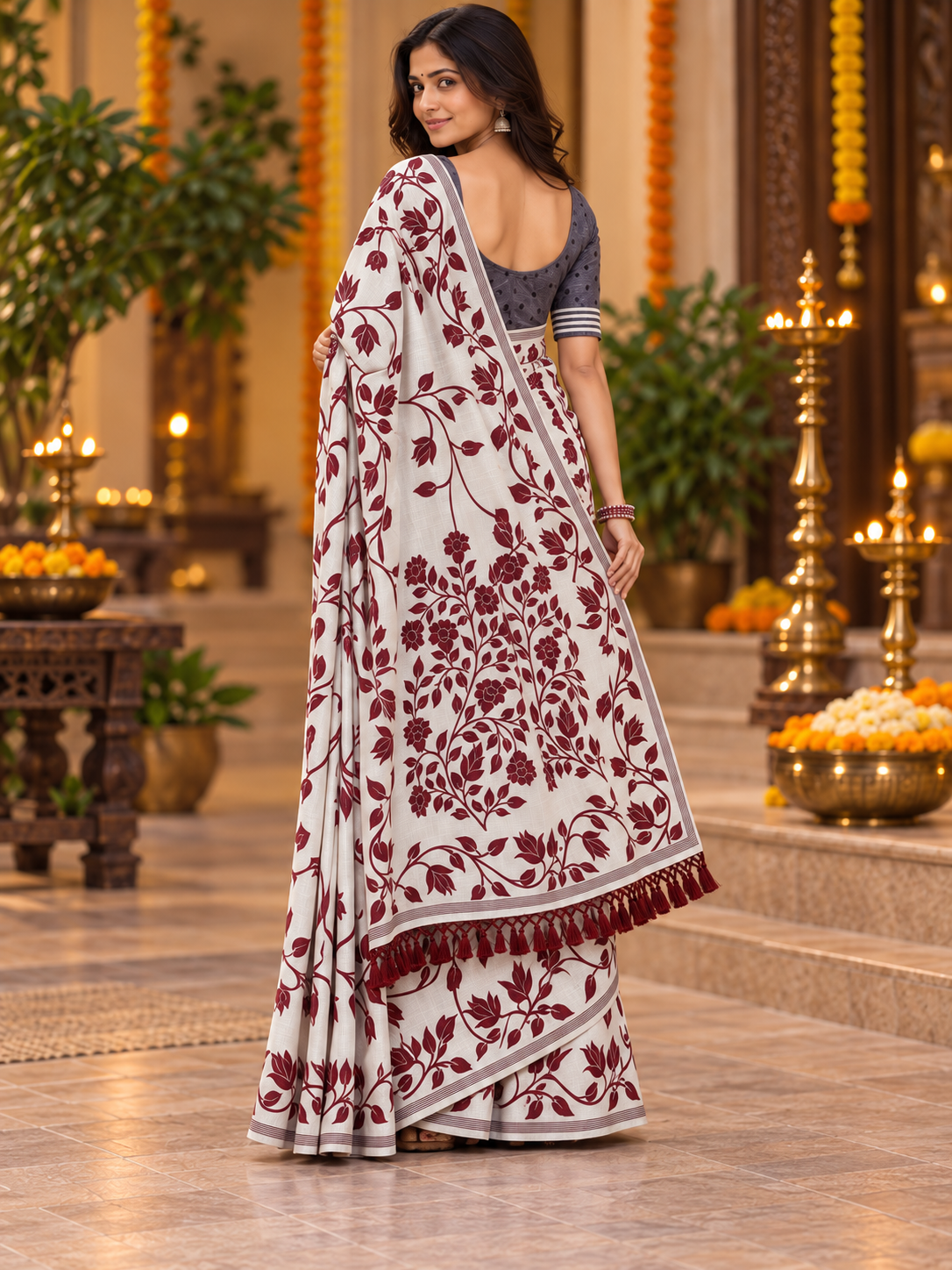 Title: Elegant Ivory & Maroon Floral Print Saree