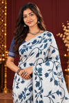 Title: Elegant Ivory & Teal Blue Floral Print Saree
