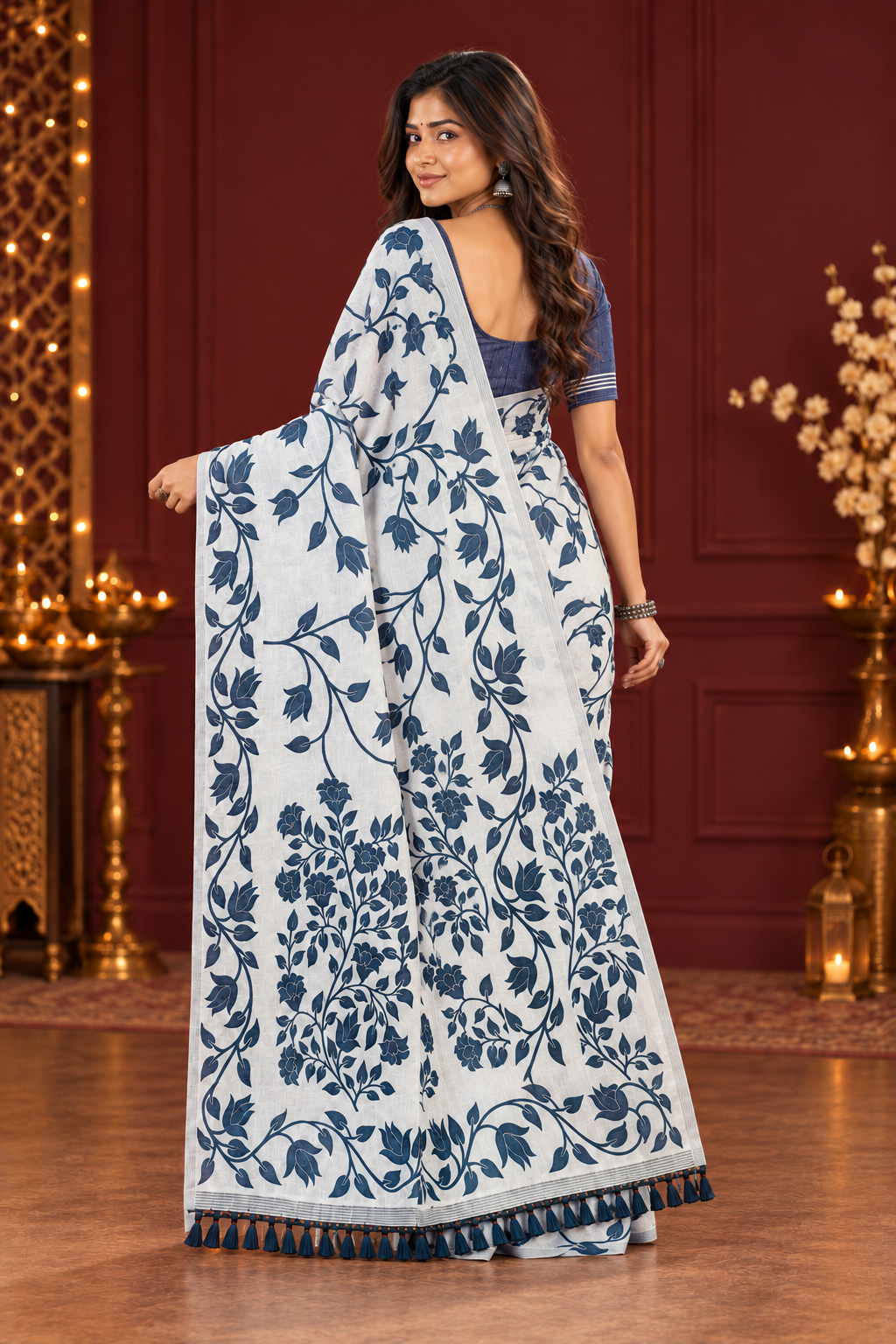 Title: Elegant Ivory & Teal Blue Floral Print Saree