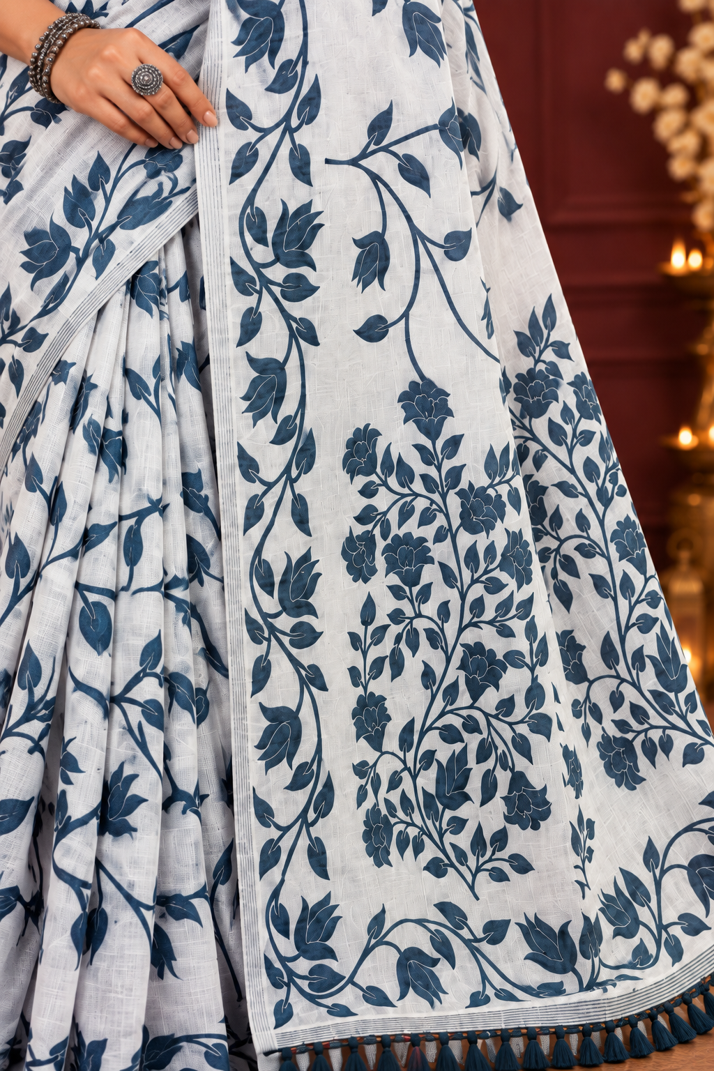 Title: Elegant Ivory & Teal Blue Floral Print Saree