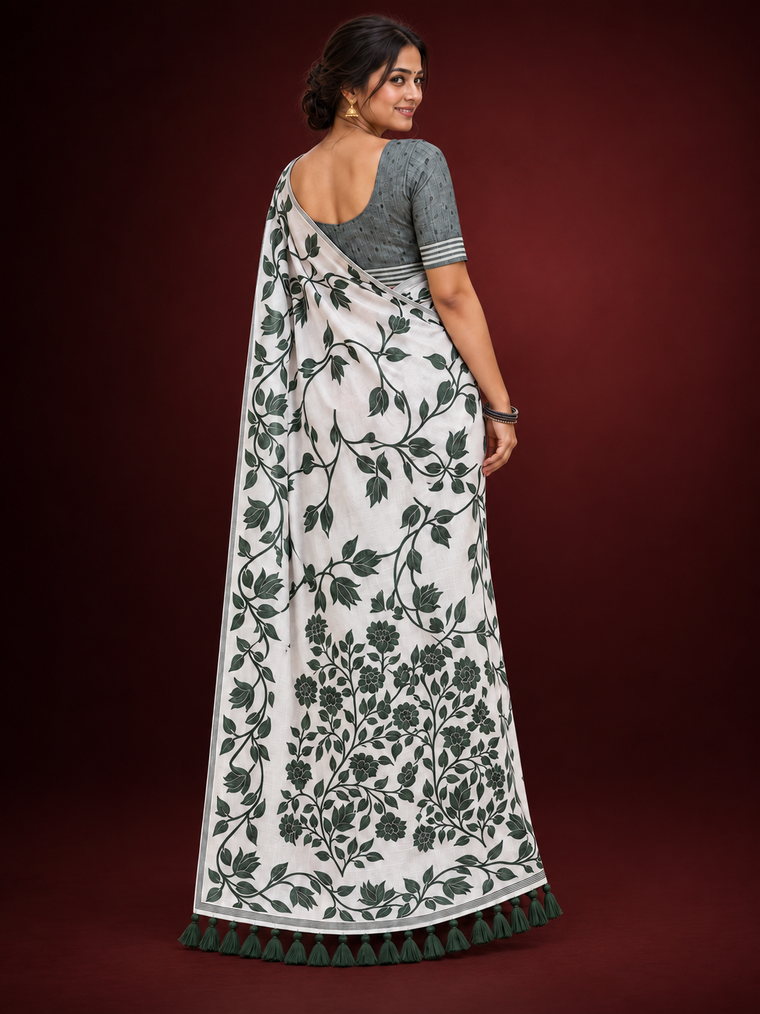 Title: Ivory White Botanical Print Saree