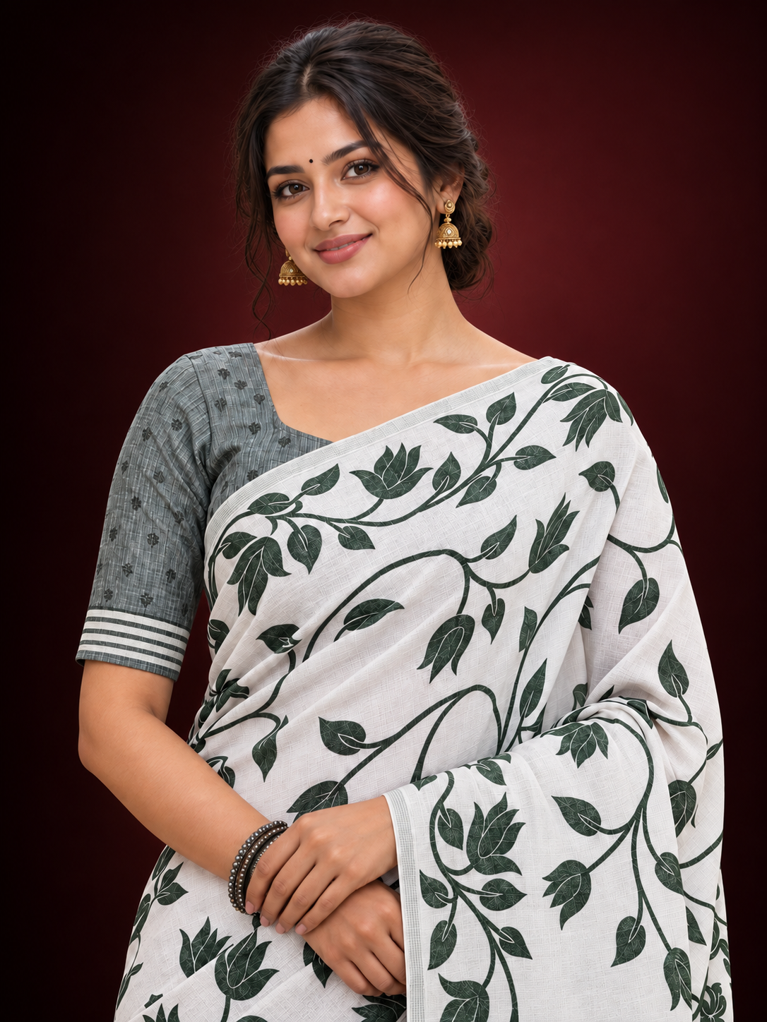 Title: Ivory White Botanical Print Saree