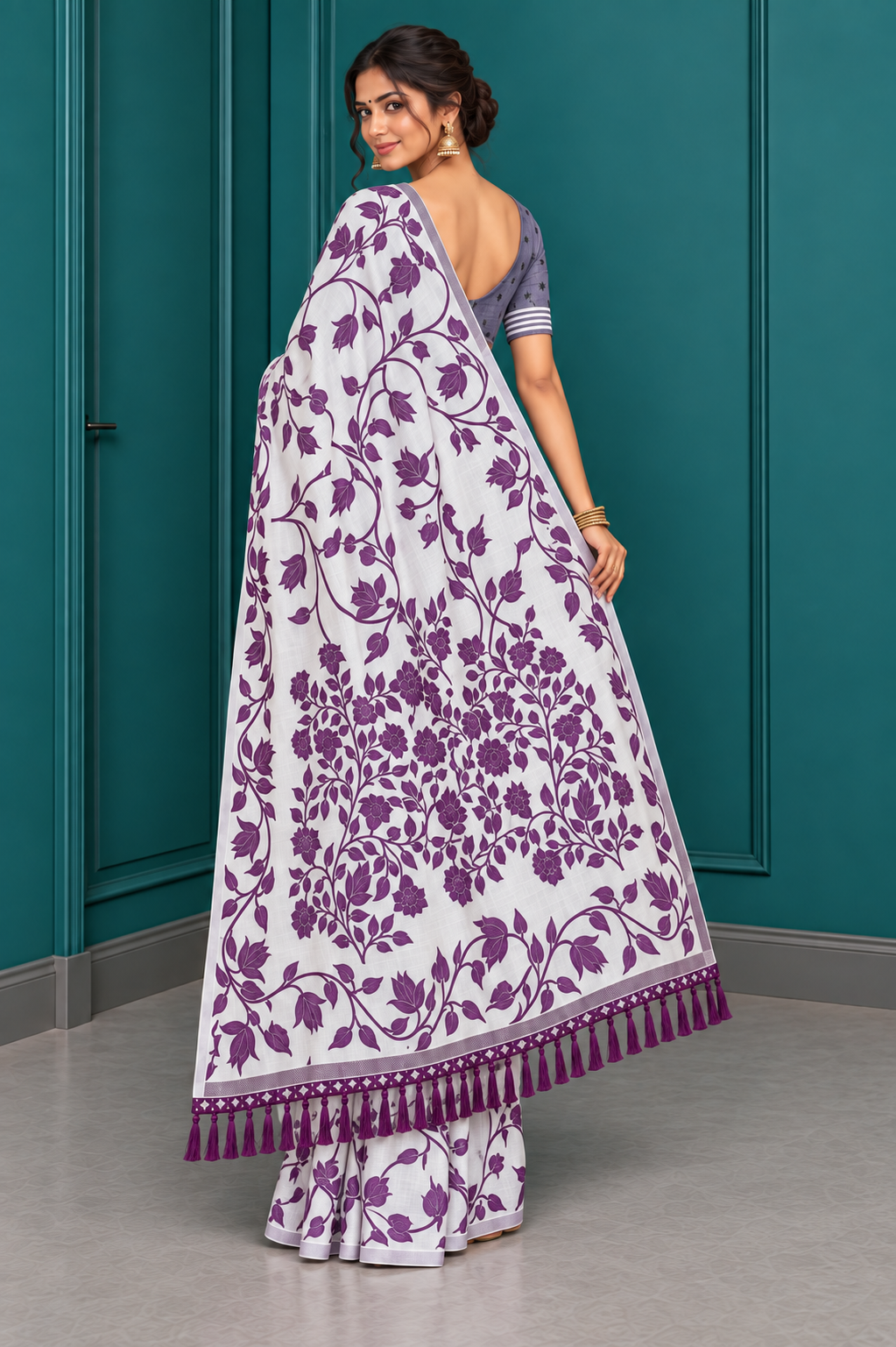Title: Ivory White Purple Floral Print Saree