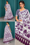 Title: Ivory White Purple Floral Print Saree