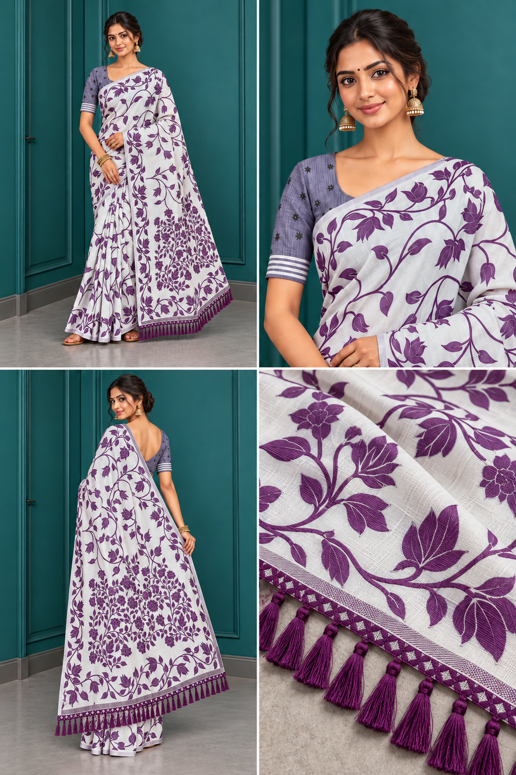 Title: Ivory White Purple Floral Print Saree