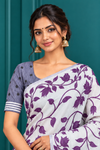 Title: Ivory White Purple Floral Print Saree