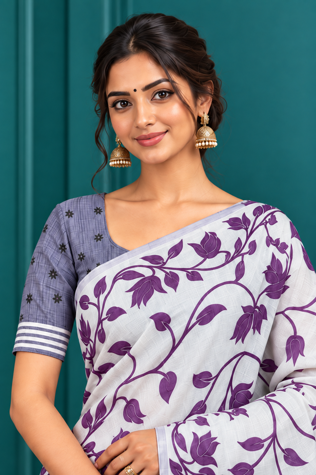 Title: Ivory White Purple Floral Print Saree