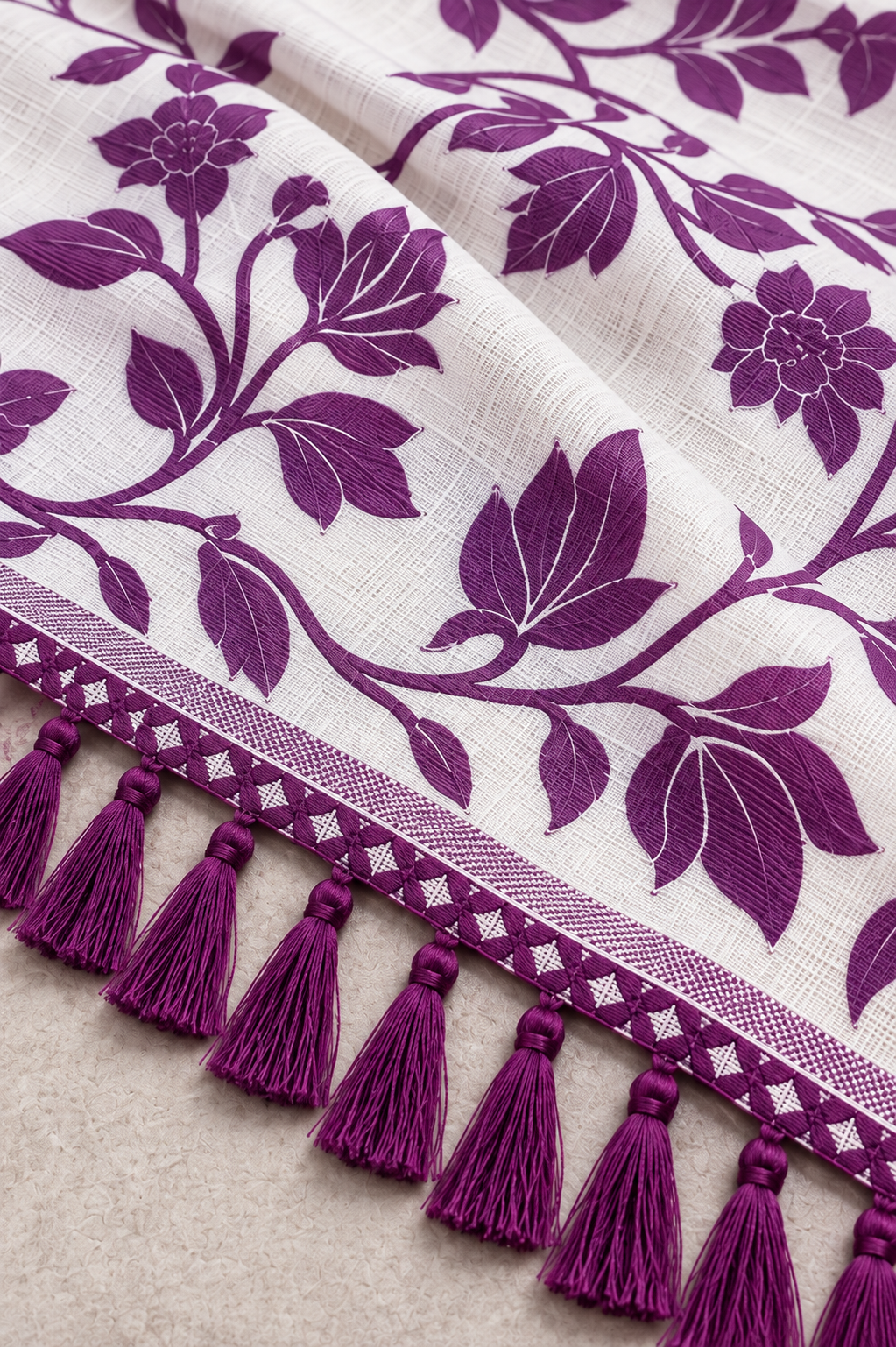 Title: Ivory White Purple Floral Print Saree