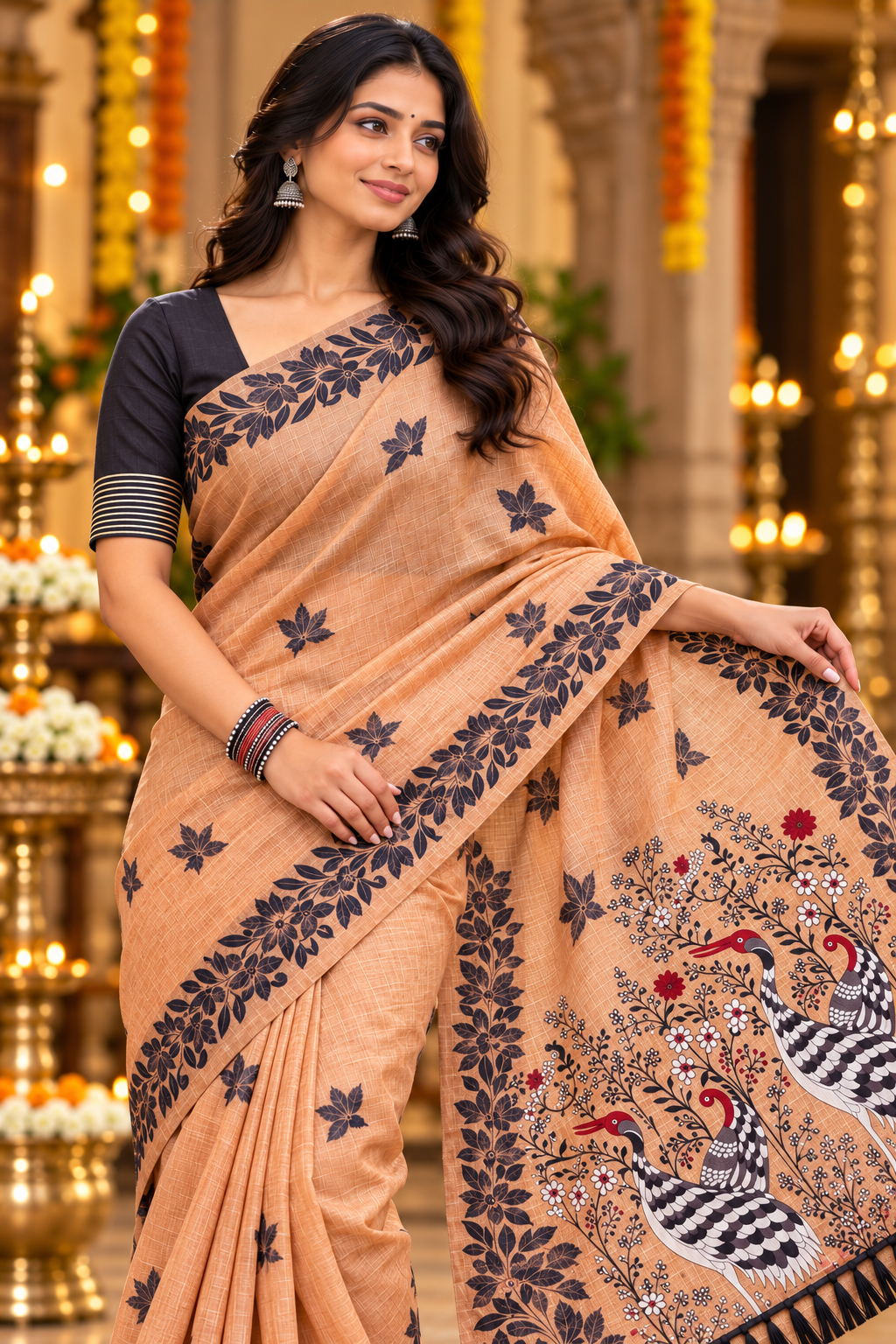 Title: light Peach Elegance with Artistic Bird Pallu