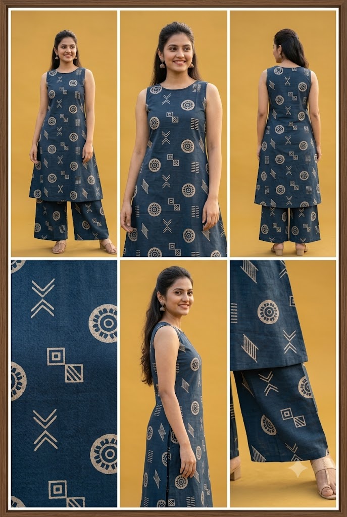 Teal Blue Printed Sleeveless Kurta with Palazzo Pants Set Cotton Co-ord Set