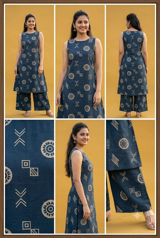 Teal Blue Printed Sleeveless Kurta with Palazzo Pants Set Cotton Co-ord Set