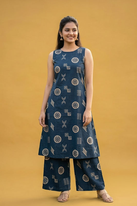 Teal Blue Printed Sleeveless Kurta with Palazzo Pants Set Cotton Co-ord Set