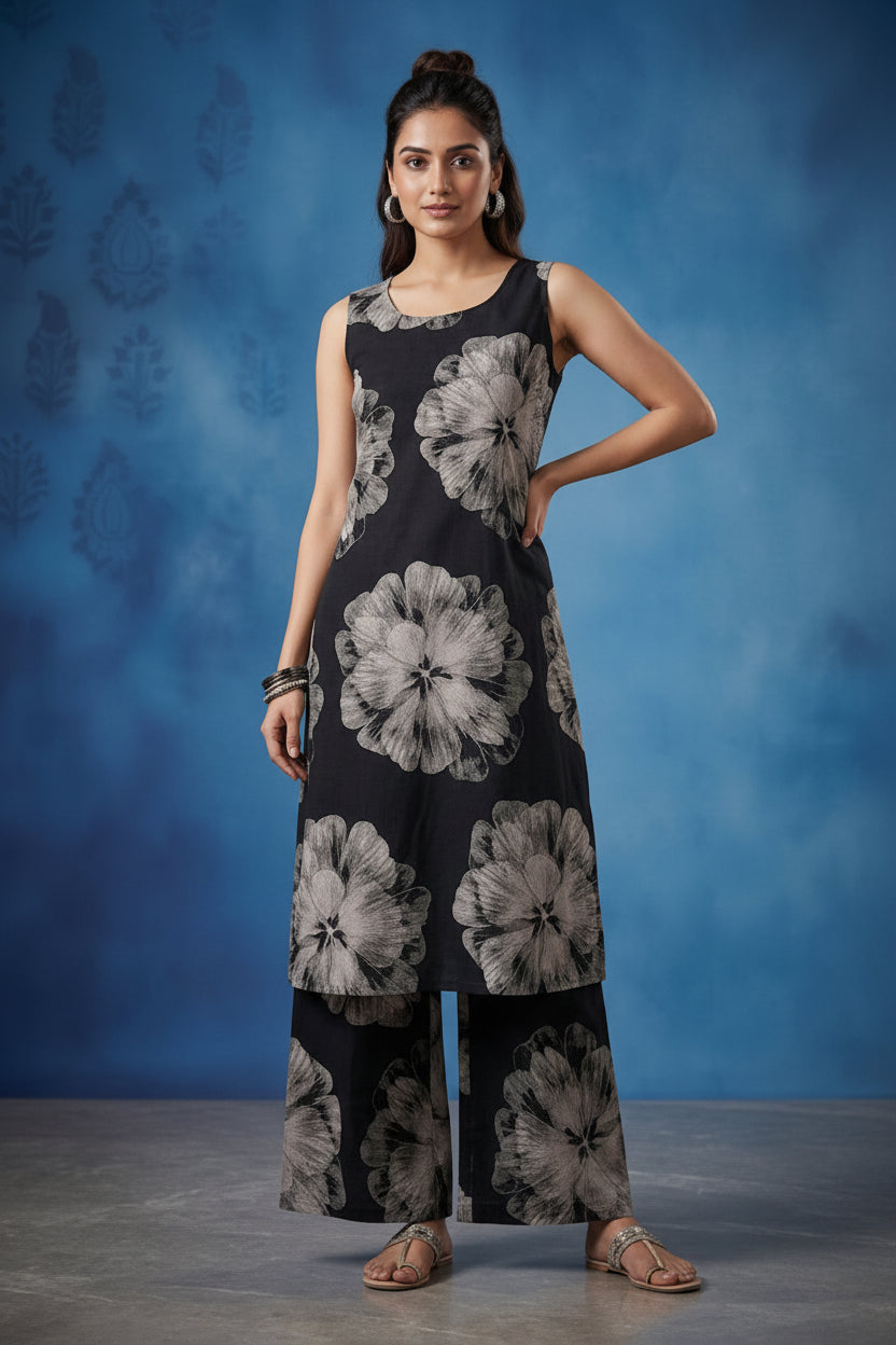 Indigo Blue Geometric Printed Sleeveless Kurta with Wide-Leg Palazzo Set