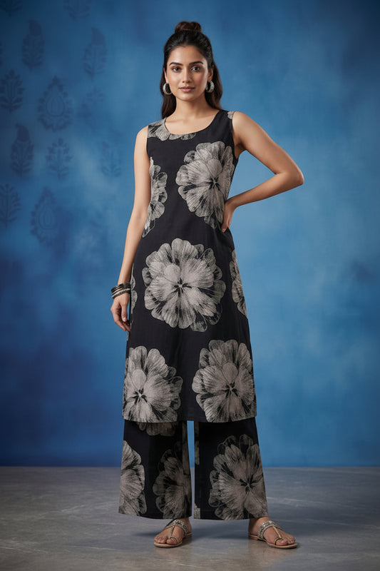 Indigo Blue Geometric Printed Sleeveless Kurta with Wide-Leg Palazzo Set