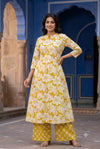 Mustard Yellow Floral Printed A-Line Kurta with Palazzo Pants Set