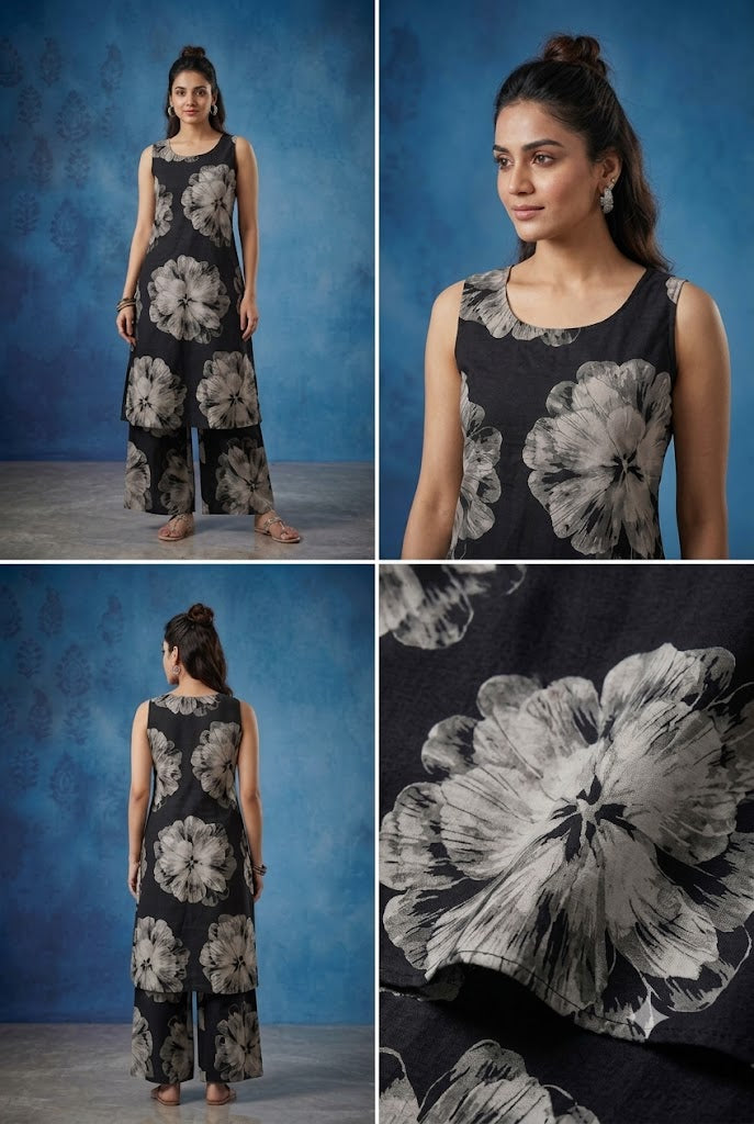 Indigo Blue Geometric Printed Sleeveless Kurta with Wide-Leg Palazzo Set
