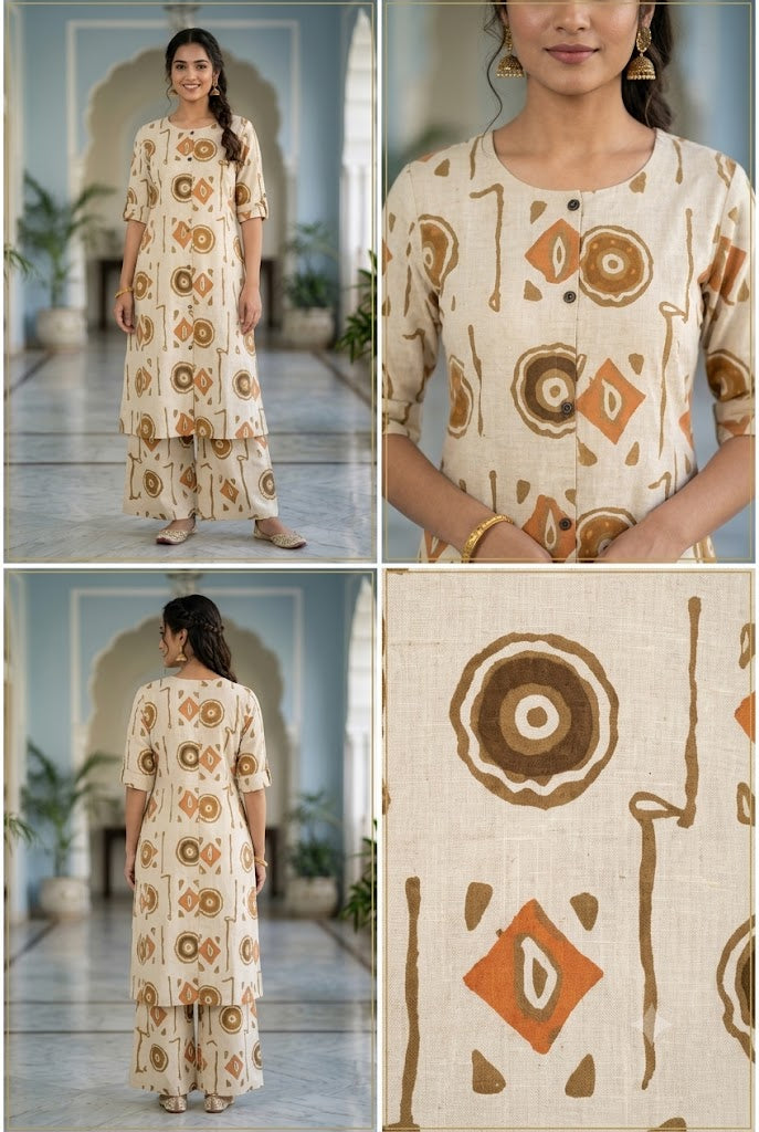 Beige Printed Cotton Kurta with Palazzo Pants Set | Ethnic Casual Wear Co-ord Set