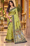 Title: Chartreuse Green Saree with Artistic Bird Pallu