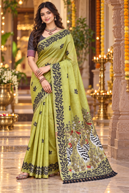 Title: Chartreuse Green Saree with Artistic Bird Pallu