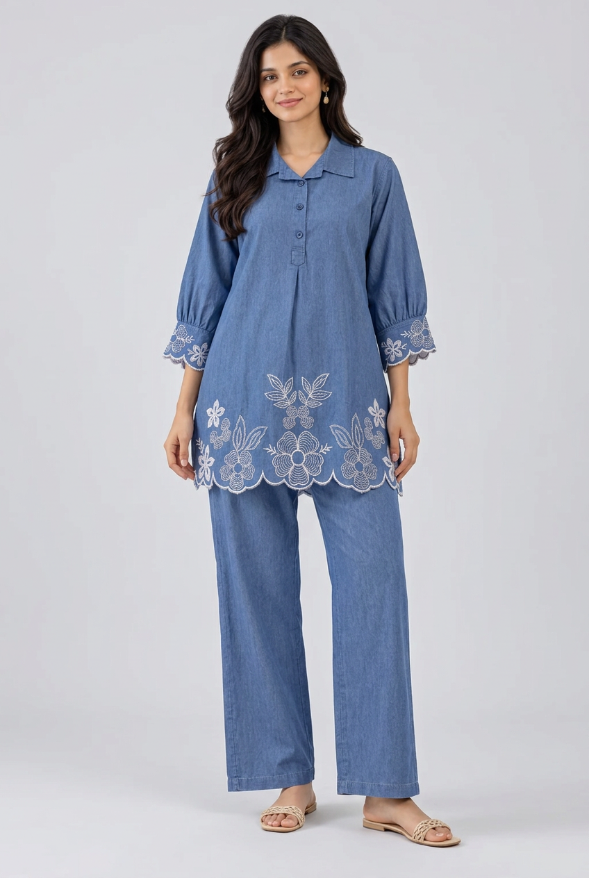 Denim Blue Floral Embroidered Co-ord Set
