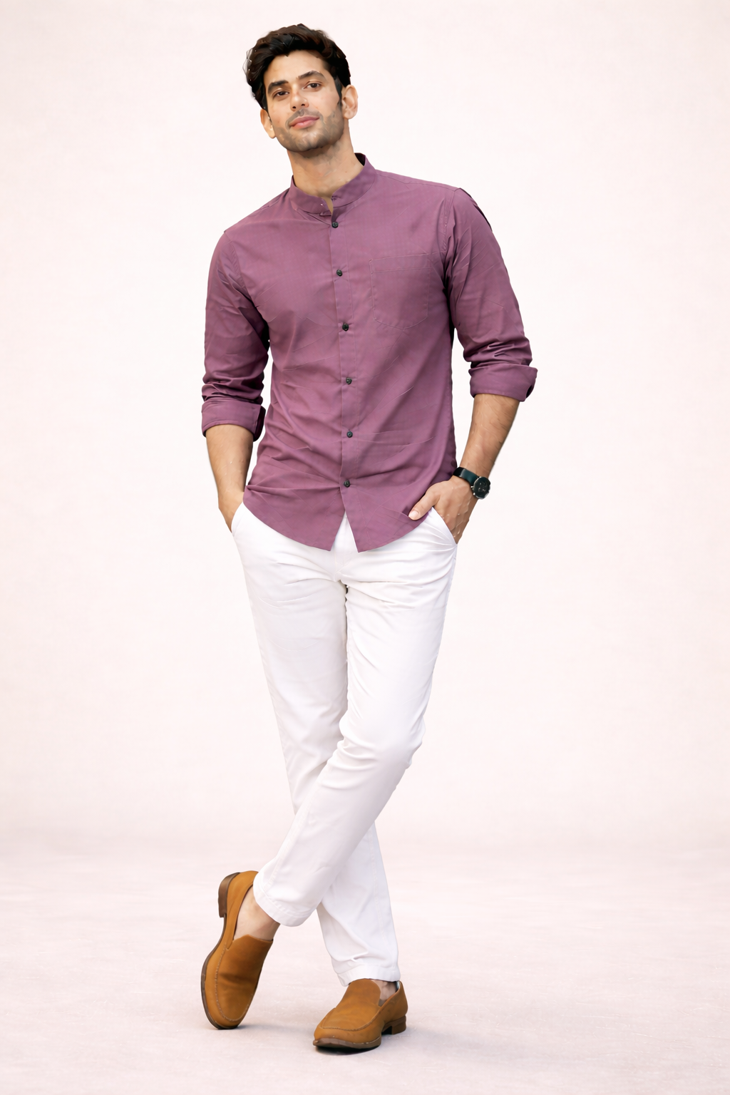 Men Premium Satin Partywear Shirt with Mandarin Collar
