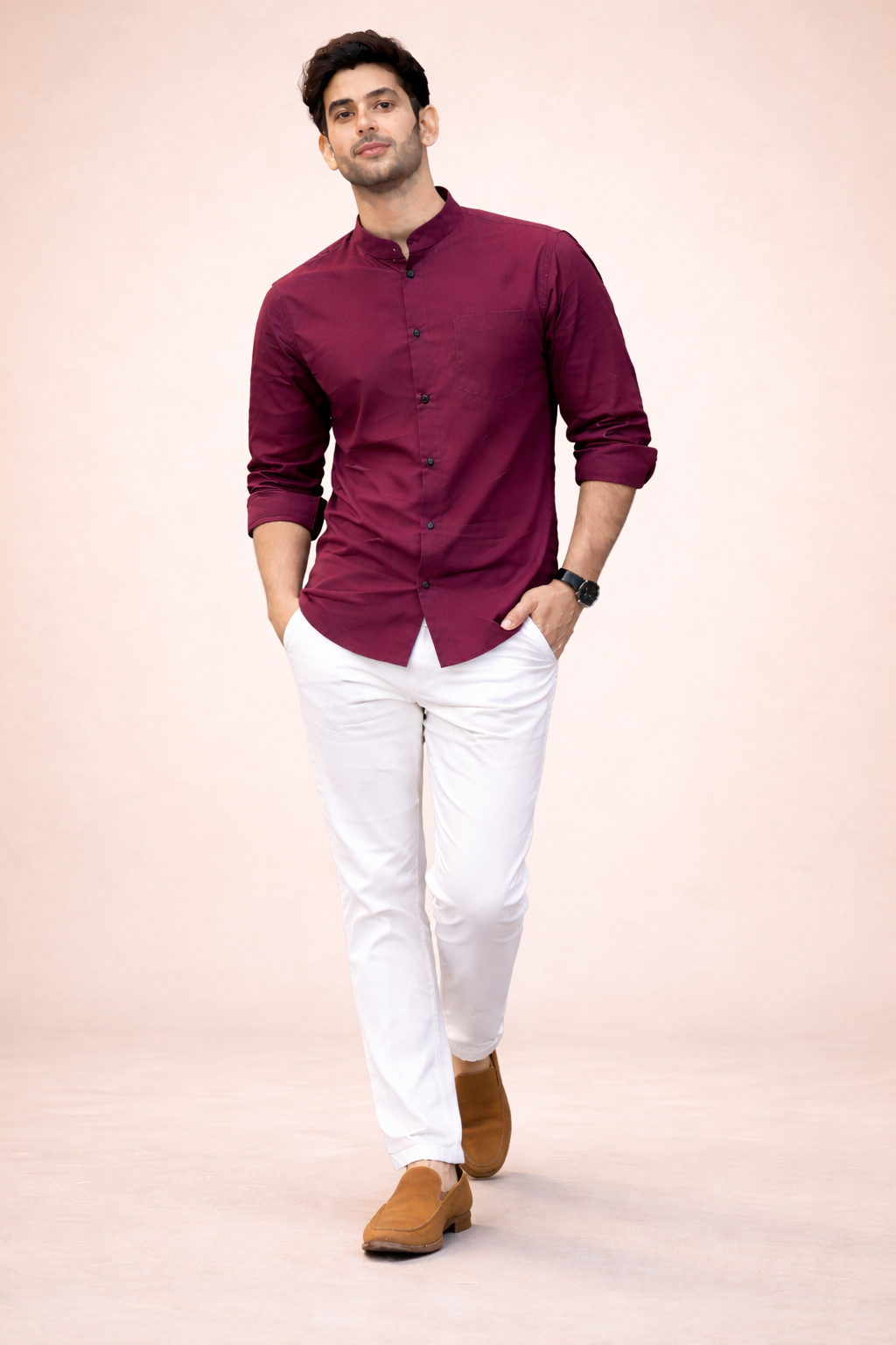 Men Premium Satin Partywear Shirt with Mandarin Collar
