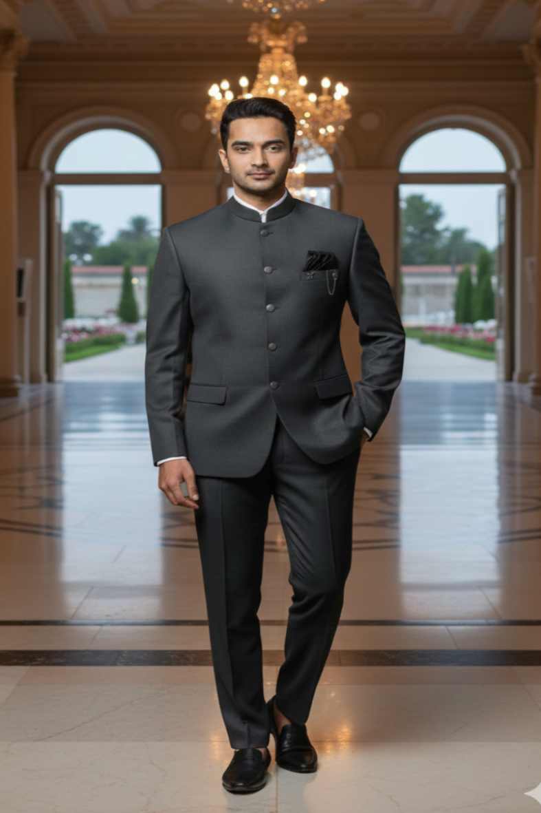 Premium Charcoal Bandhgala Blazer with Pocket Chain Detailing