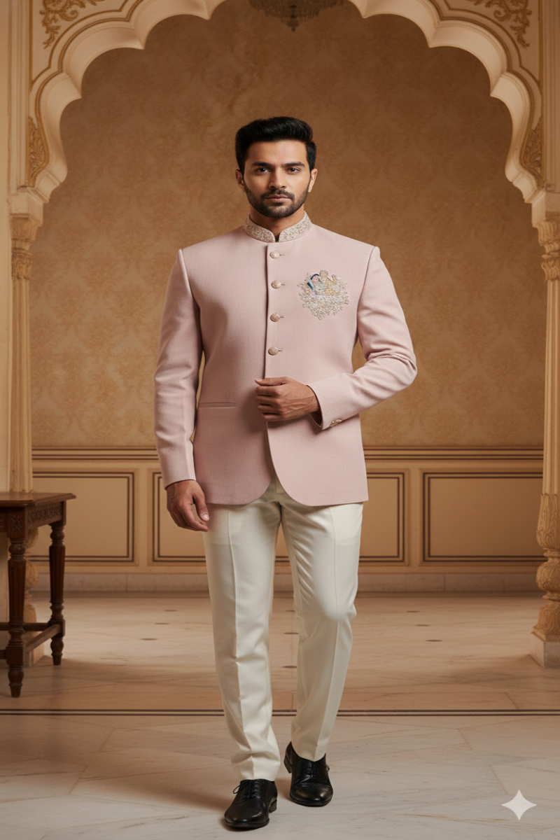 Men’s Peach Jacquard Embroidered Western Jodhpuri Suit