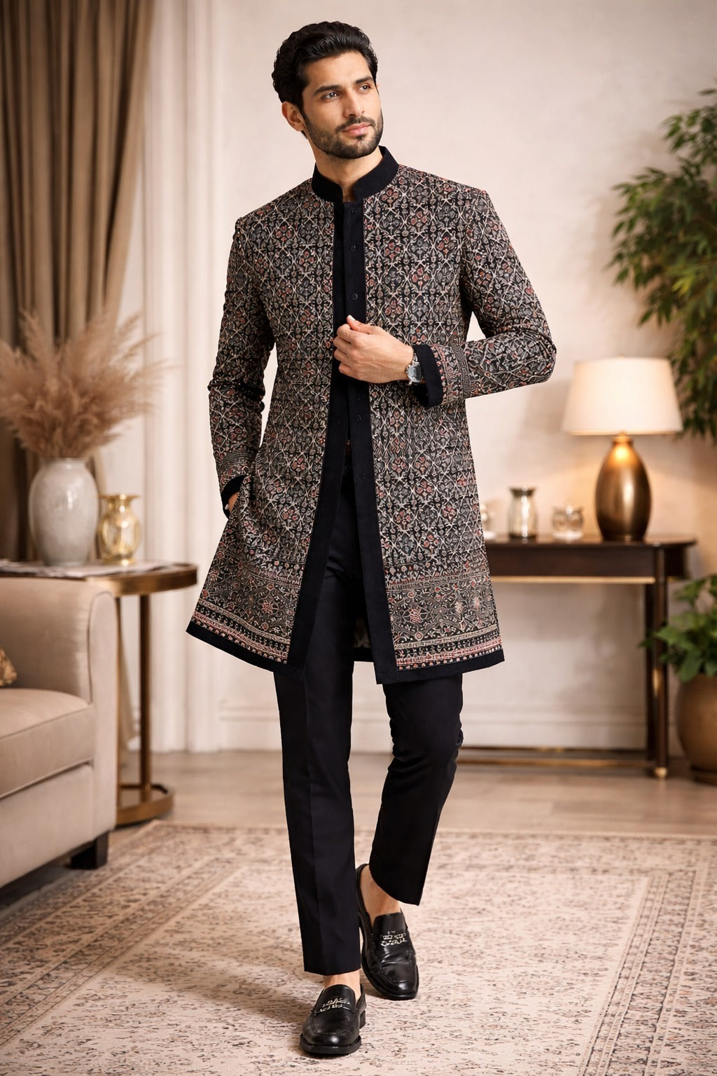 Premium Black Embroidered Indo Western for Men