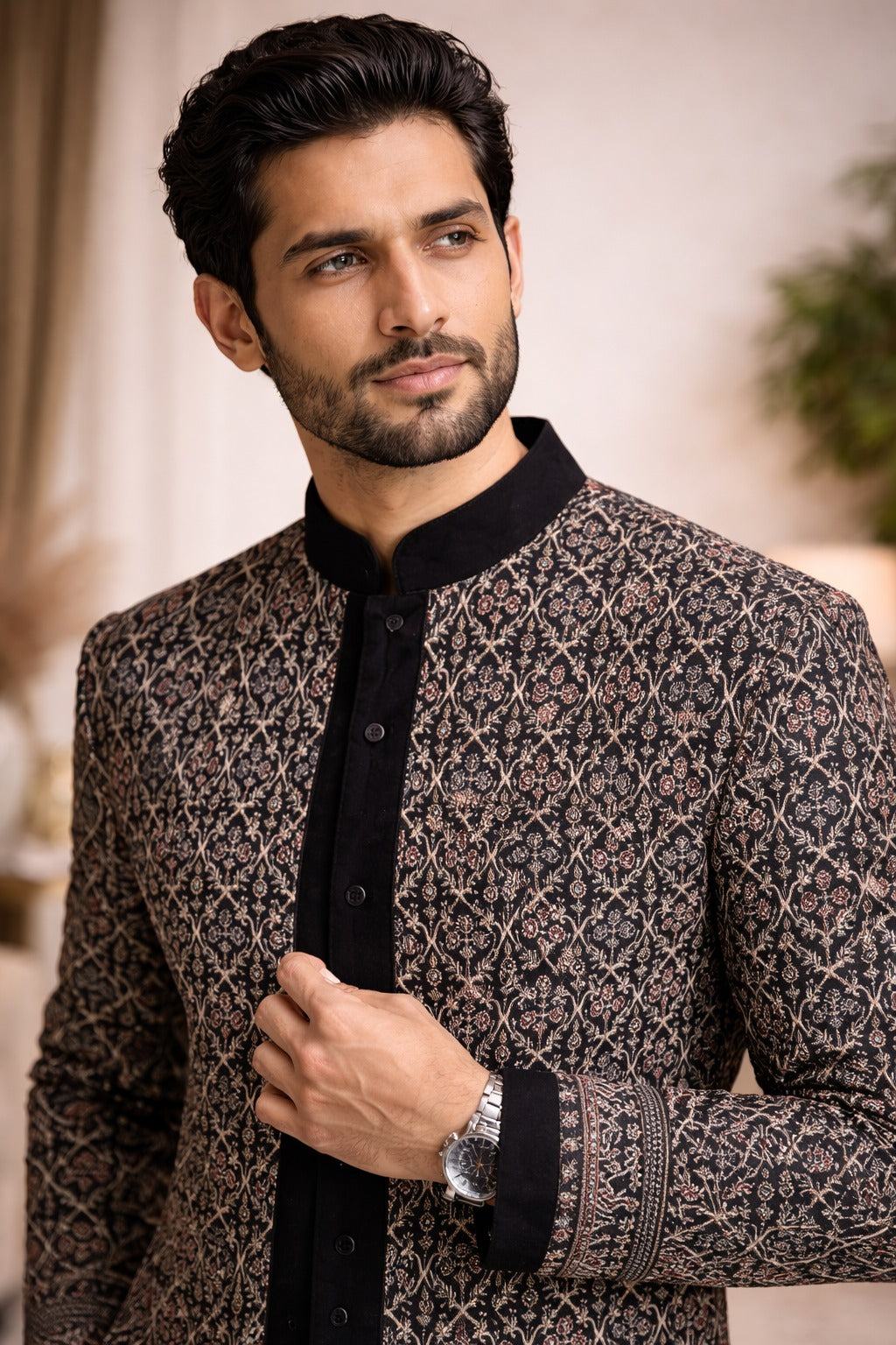 Premium Black Embroidered Indo Western for Men