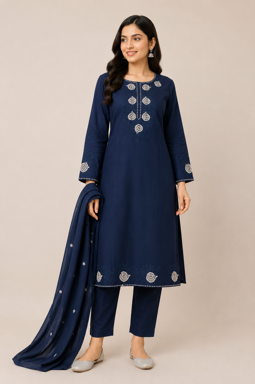Women’s Rust Embroidered Kurta Pant Dupatta Set