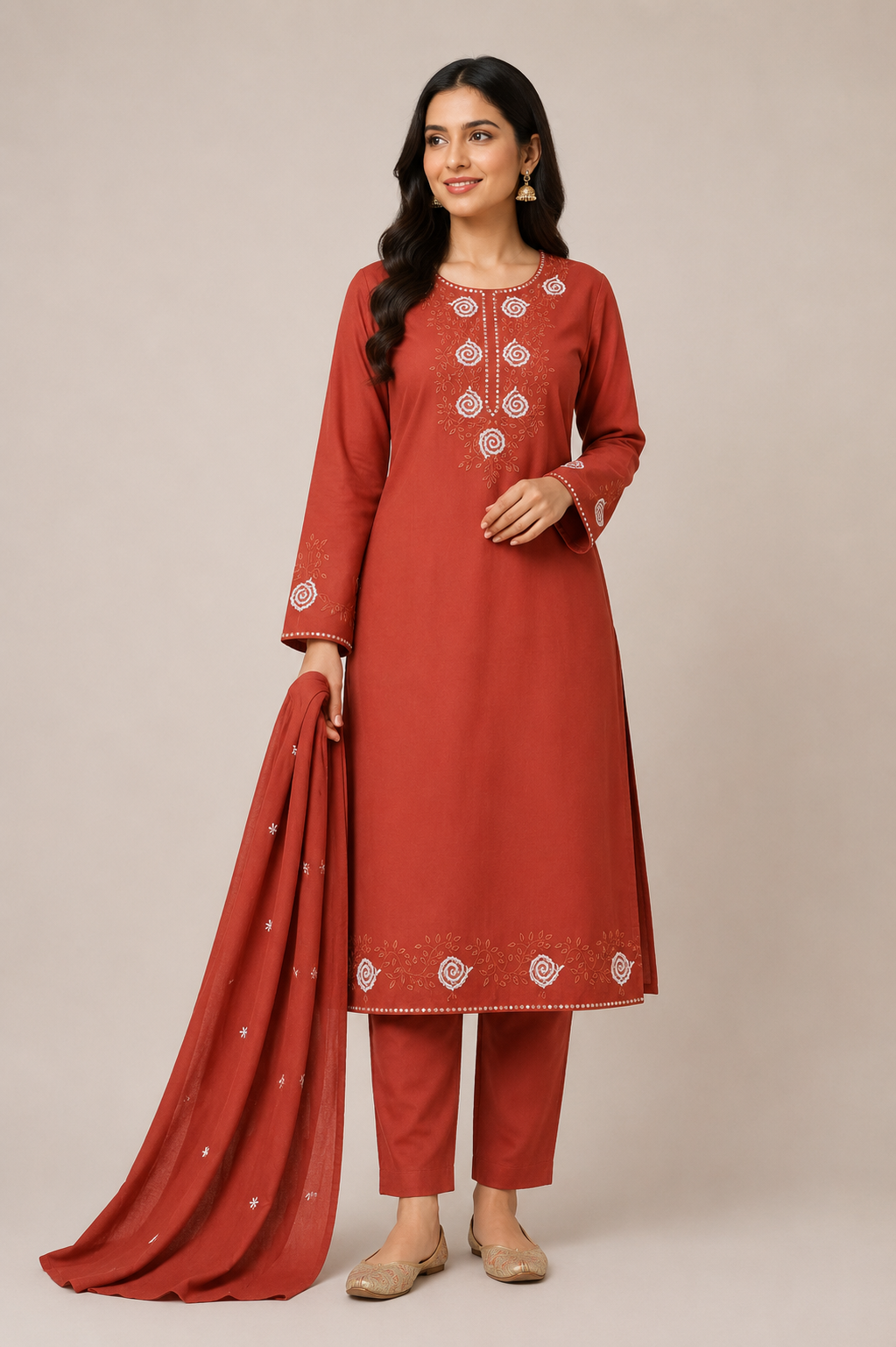 Women’s Rust Embroidered Kurta Pant Dupatta Set