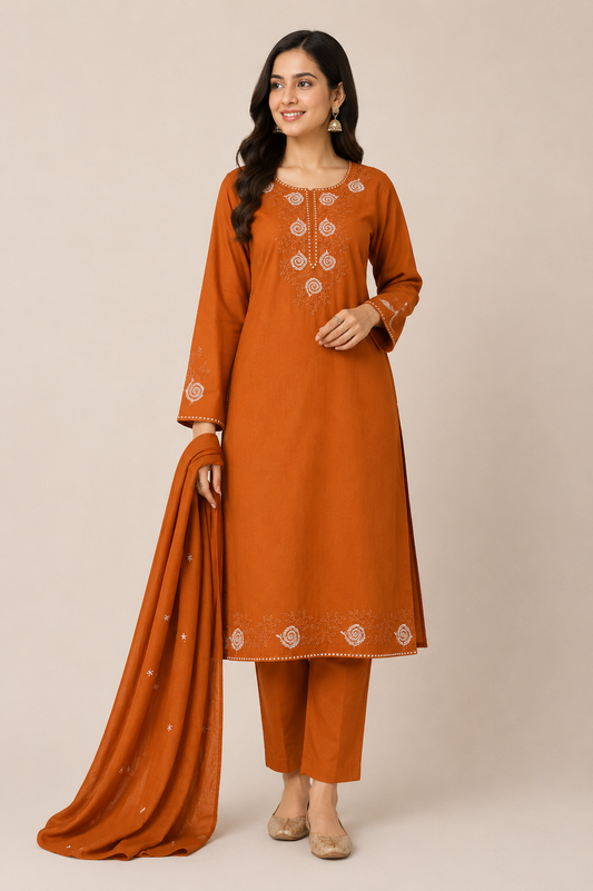 Women’s Rust Embroidered Kurta Pant Dupatta Set