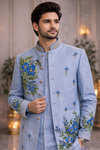 Powder Blue Floral Embroidered Ethnic Jacket Kurta Set