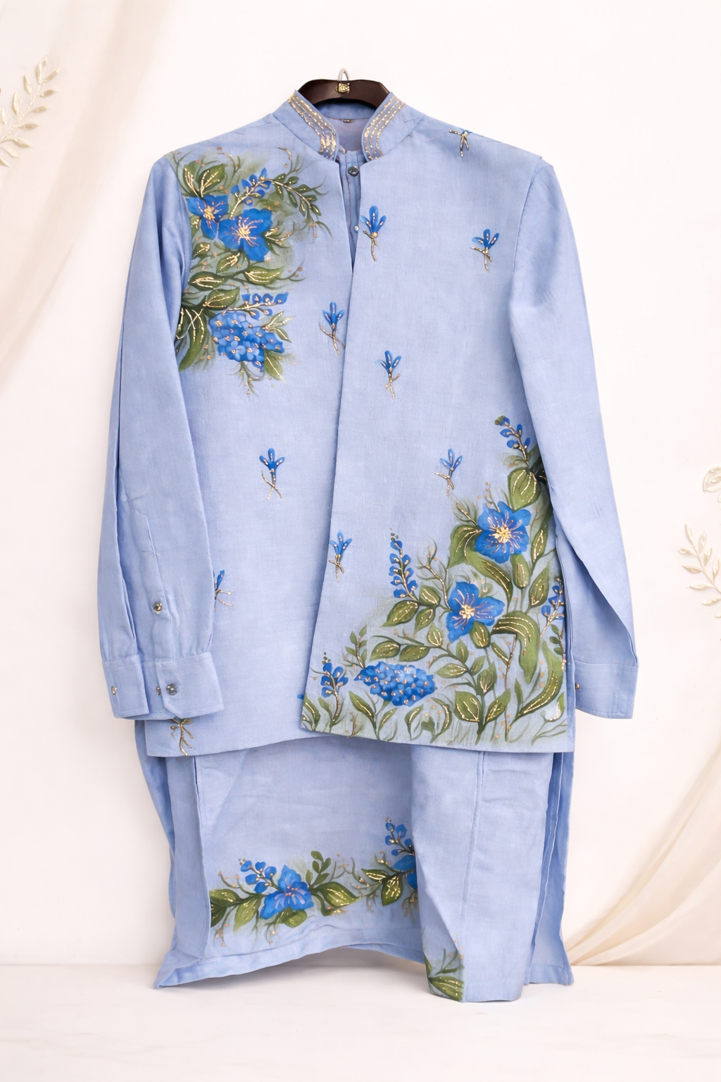 Powder Blue Floral Embroidered Ethnic Jacket Kurta Set