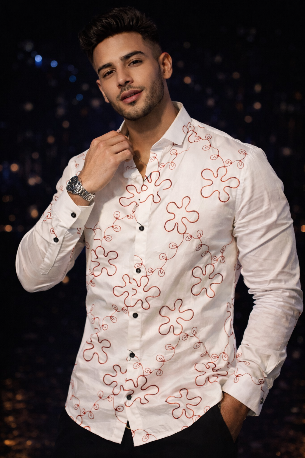 Men’s Premium White Designer Party Wear Shirt with Rust Floral
