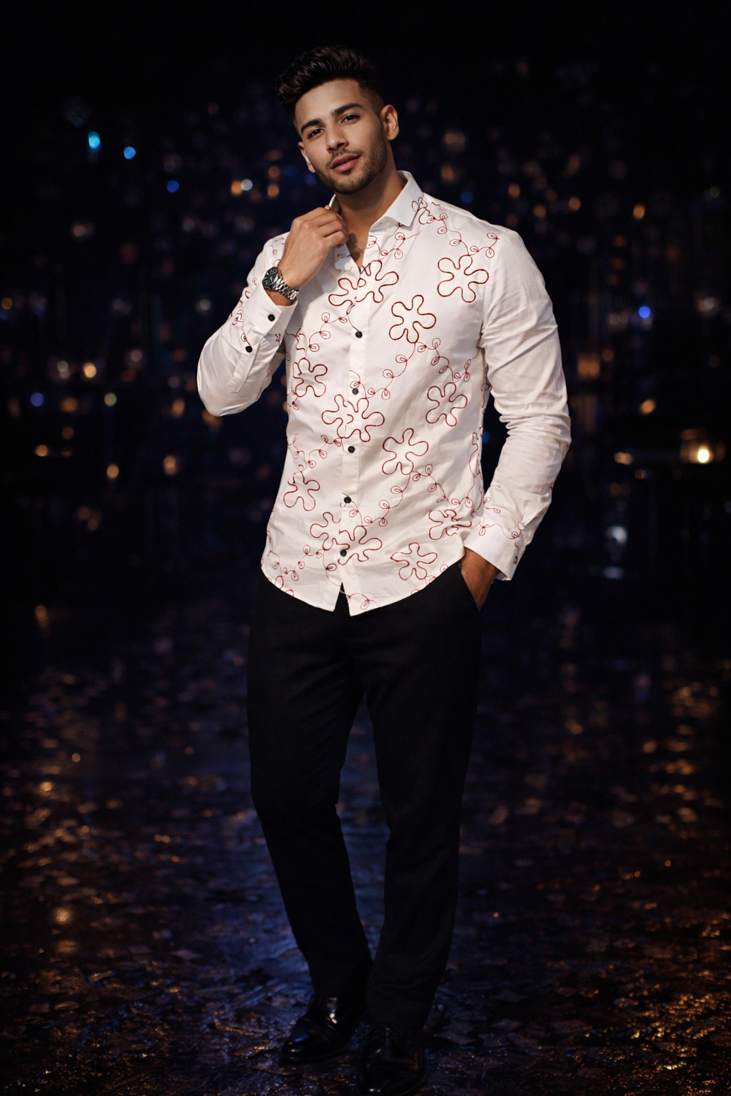 Men’s Premium White Designer Party Wear Shirt with Rust Floral
