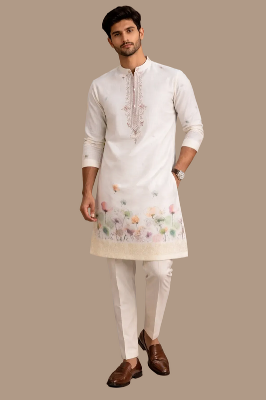 Elegant Off-White Pastel Floral Printed Straight Kurta