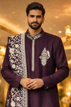 Men’s Wine Purple Embroidered Kurta Set with Dupatta