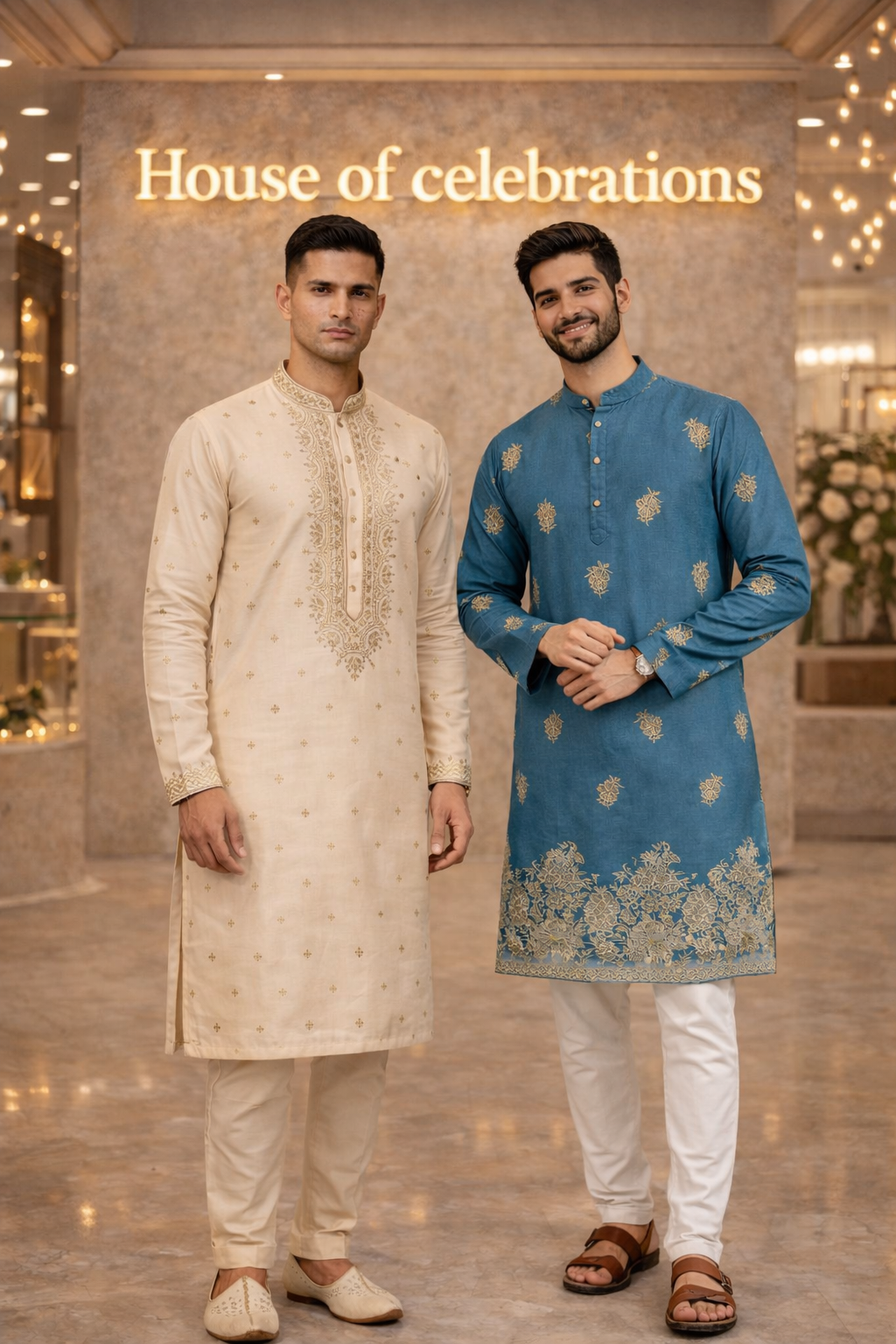 Men’s Premium Teal Blue Embroidered Kurta with White Salwar