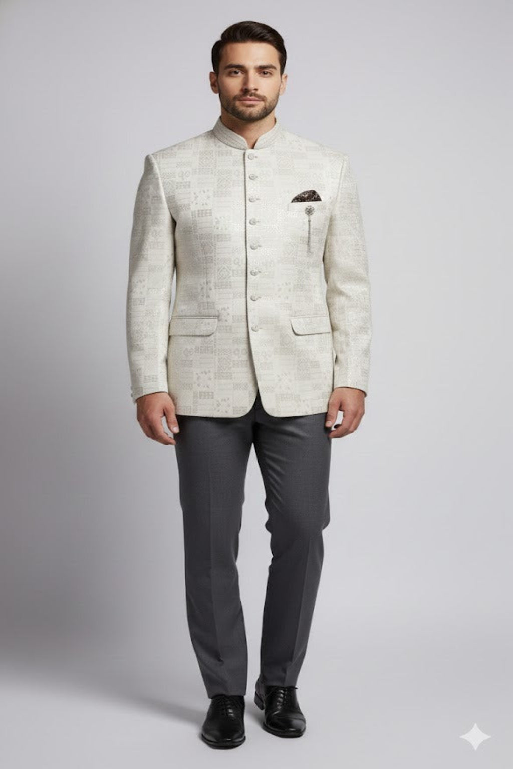 Premium Cream Jacquard Bandhgala Jacket for Men