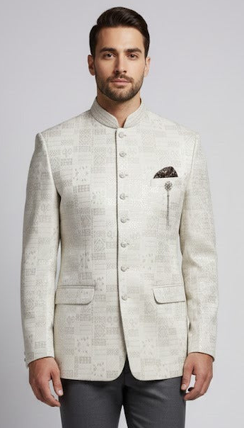 Premium Cream Jacquard Bandhgala Jacket for Men