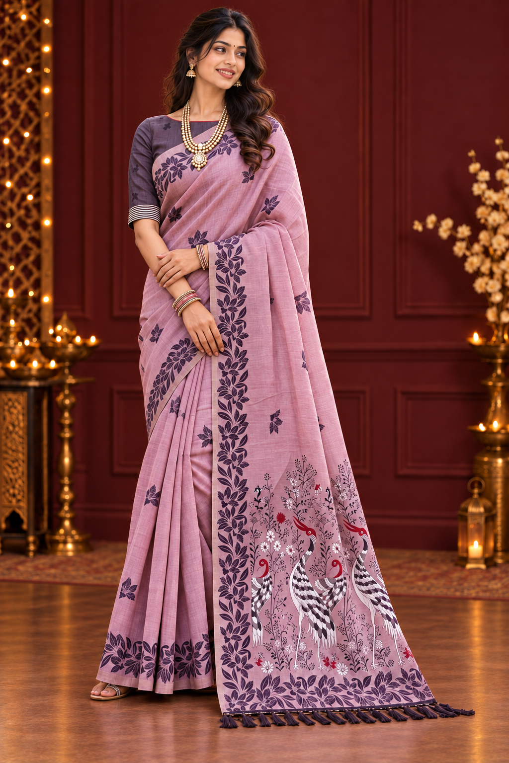 Title: Elegant Mauve Saree with Bird & Floral Pallu