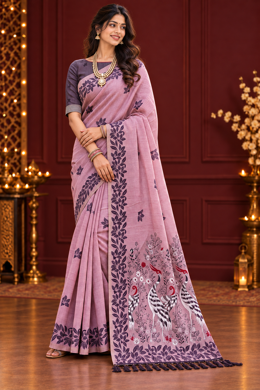 Title: Elegant Mauve Saree with Bird & Floral Pallu
