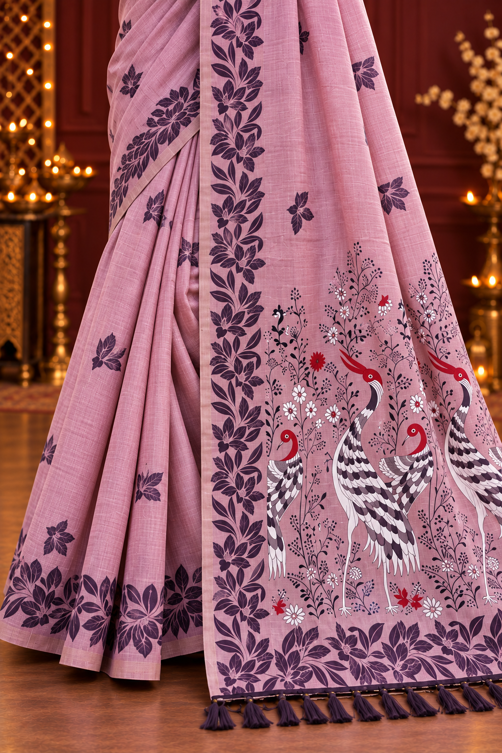 Title: Elegant Mauve Saree with Bird & Floral Pallu