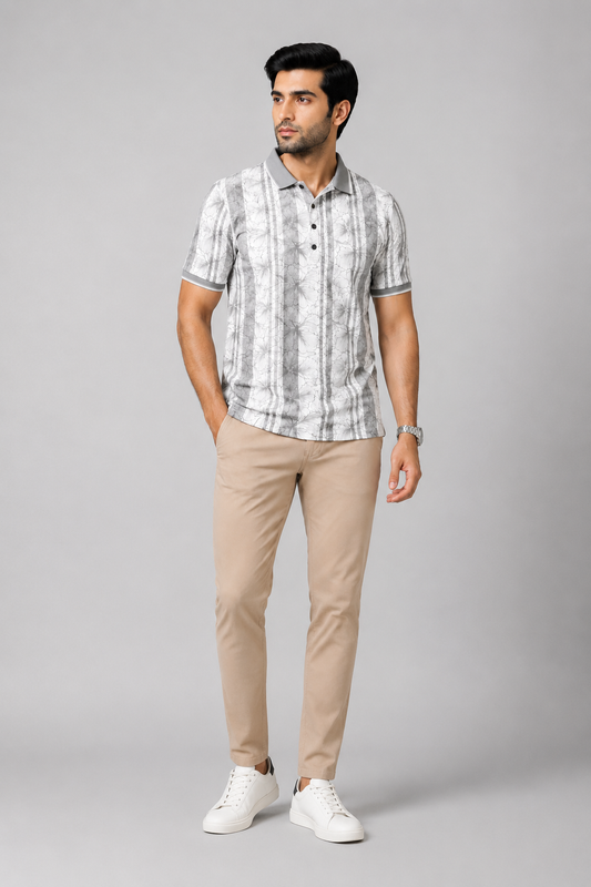 Men’s Grey Floral Striped Polo T-Shirt