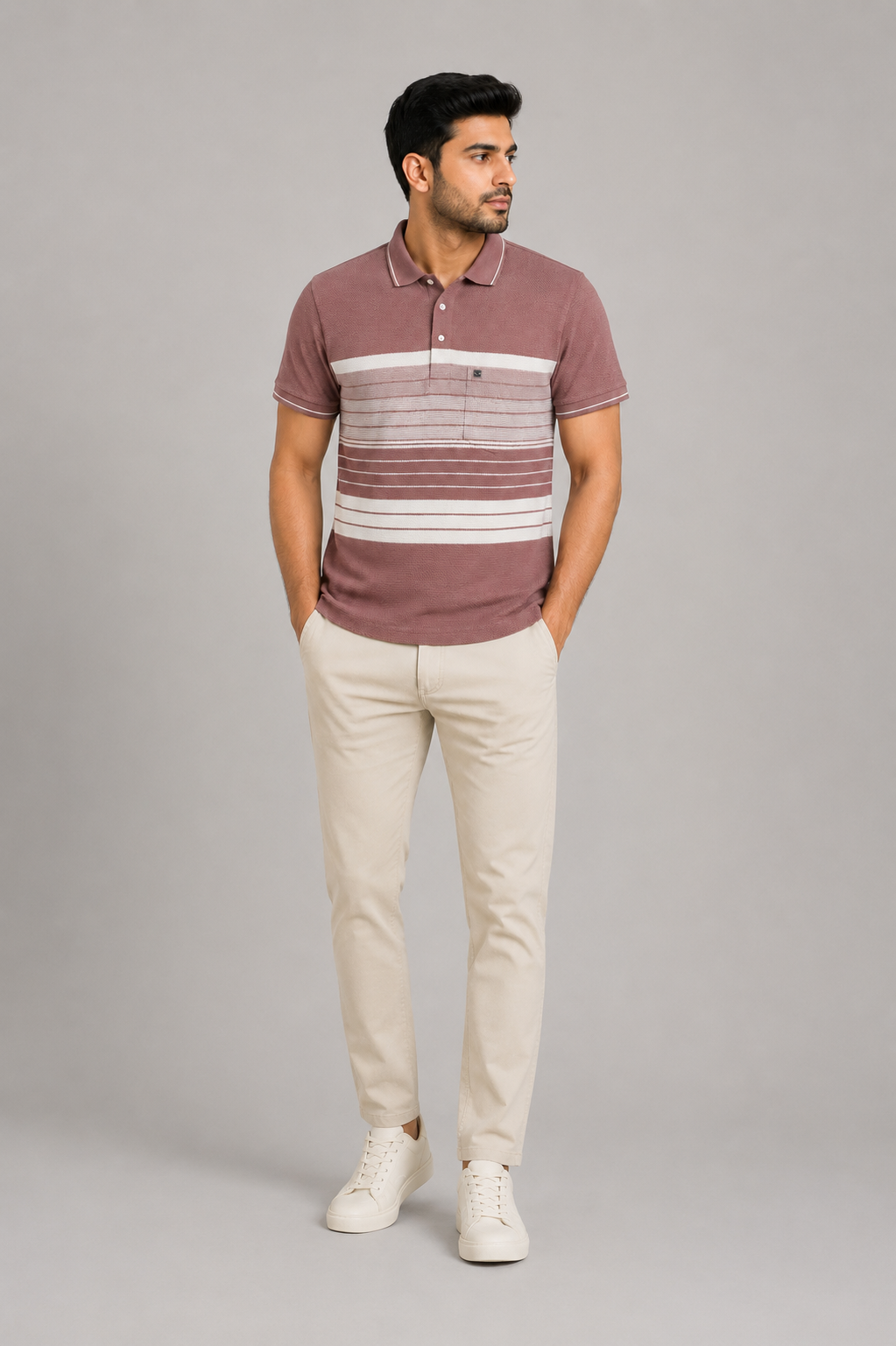 Men’s Mauve Textured Striped Polo T-Shirt
