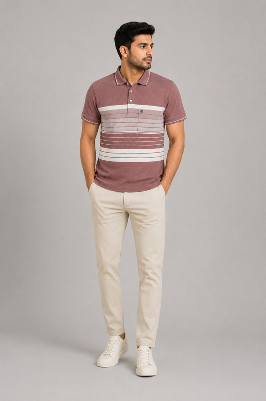 Men’s Mauve Textured Striped Polo T-Shirt
